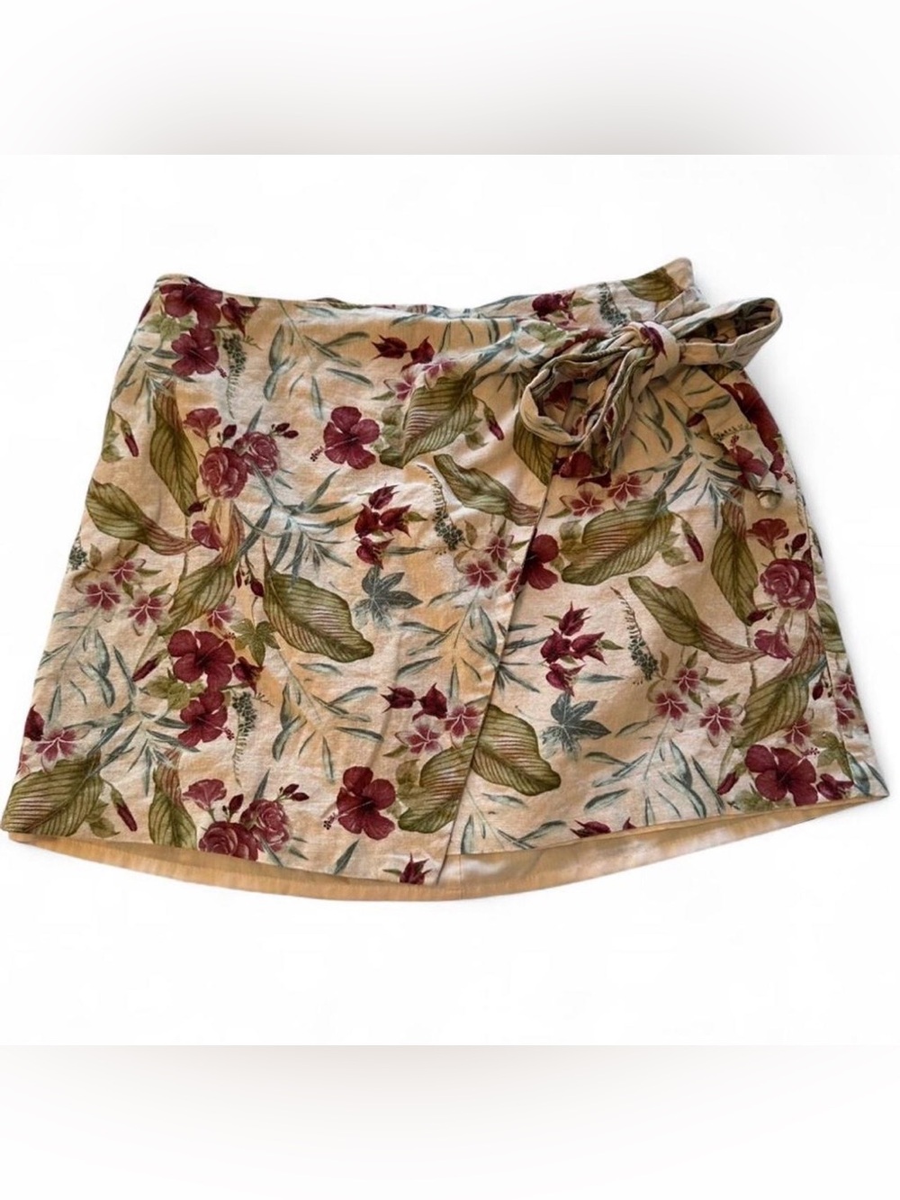 Maison D’Amelie Tropical Floral Linen Blend Faux Wrap Mini Skirt Tie Waist Sz L